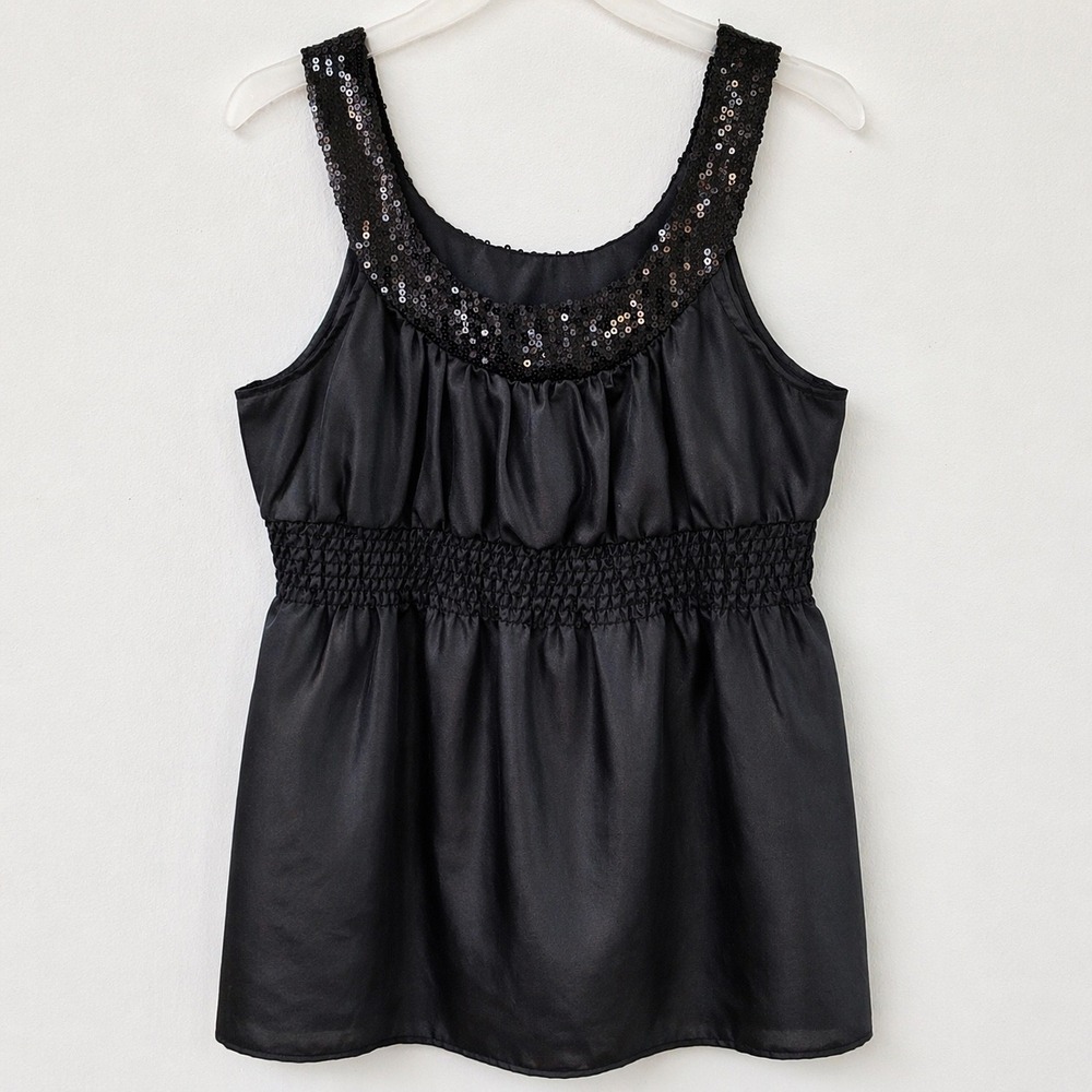 Y2K Studio Y Sequin Satin Tank Top Womens L Black Smocked Waist Going Out Party